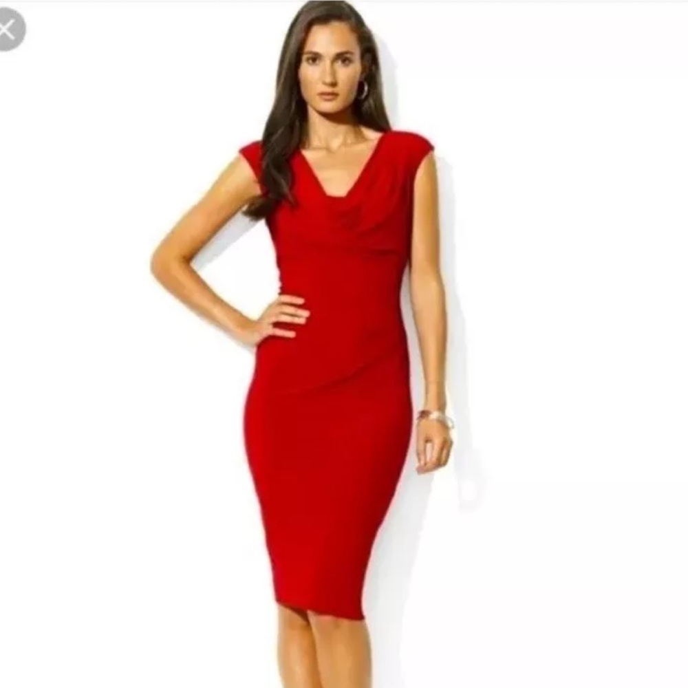 Lauren Ralph Lauren Dress 4 Red Sleeveless Cowl Neck Sheath Dress Party